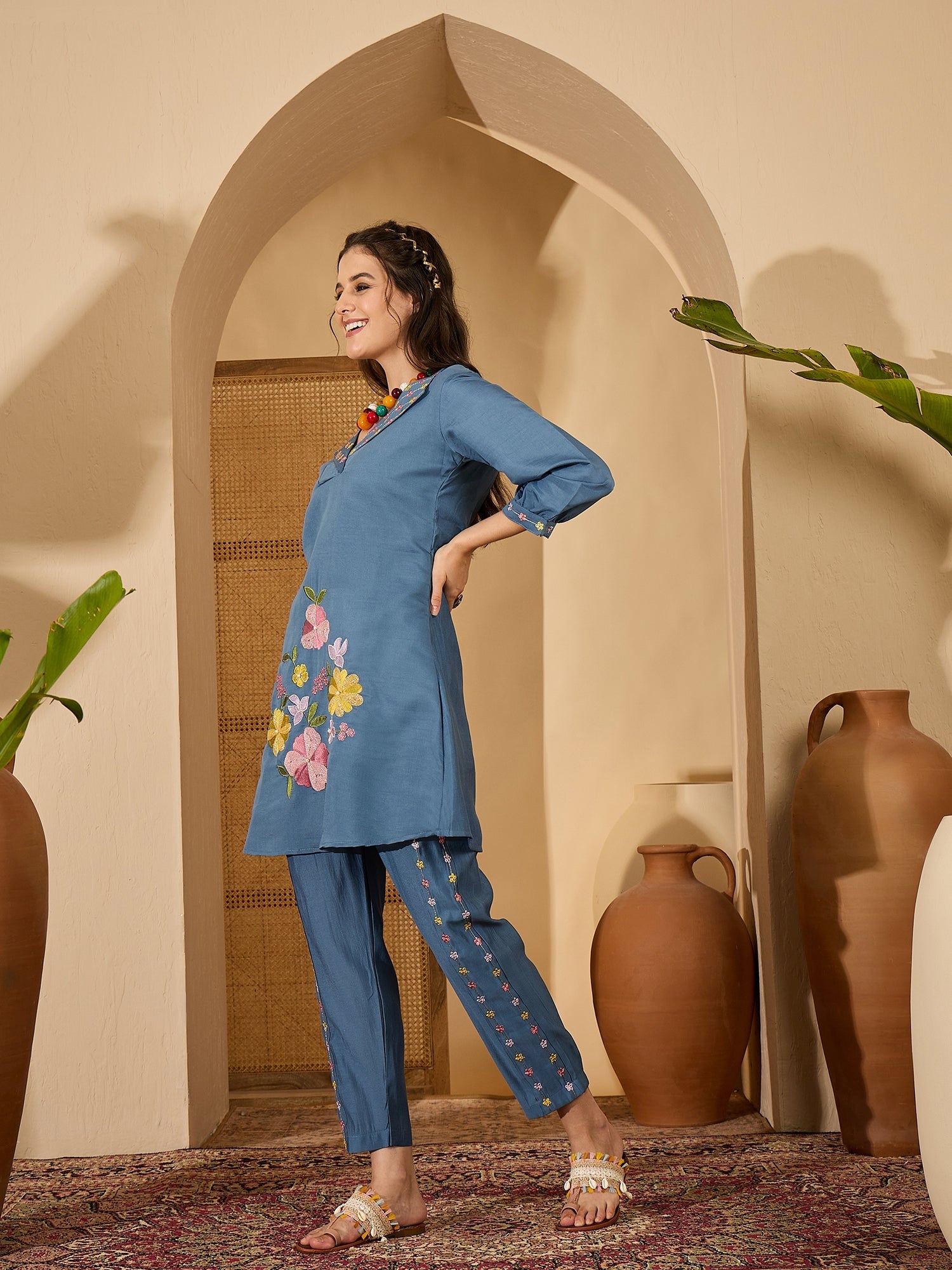 Joban Fashion Blue Silk Embroidered Readymade Kurta Set - Distacart