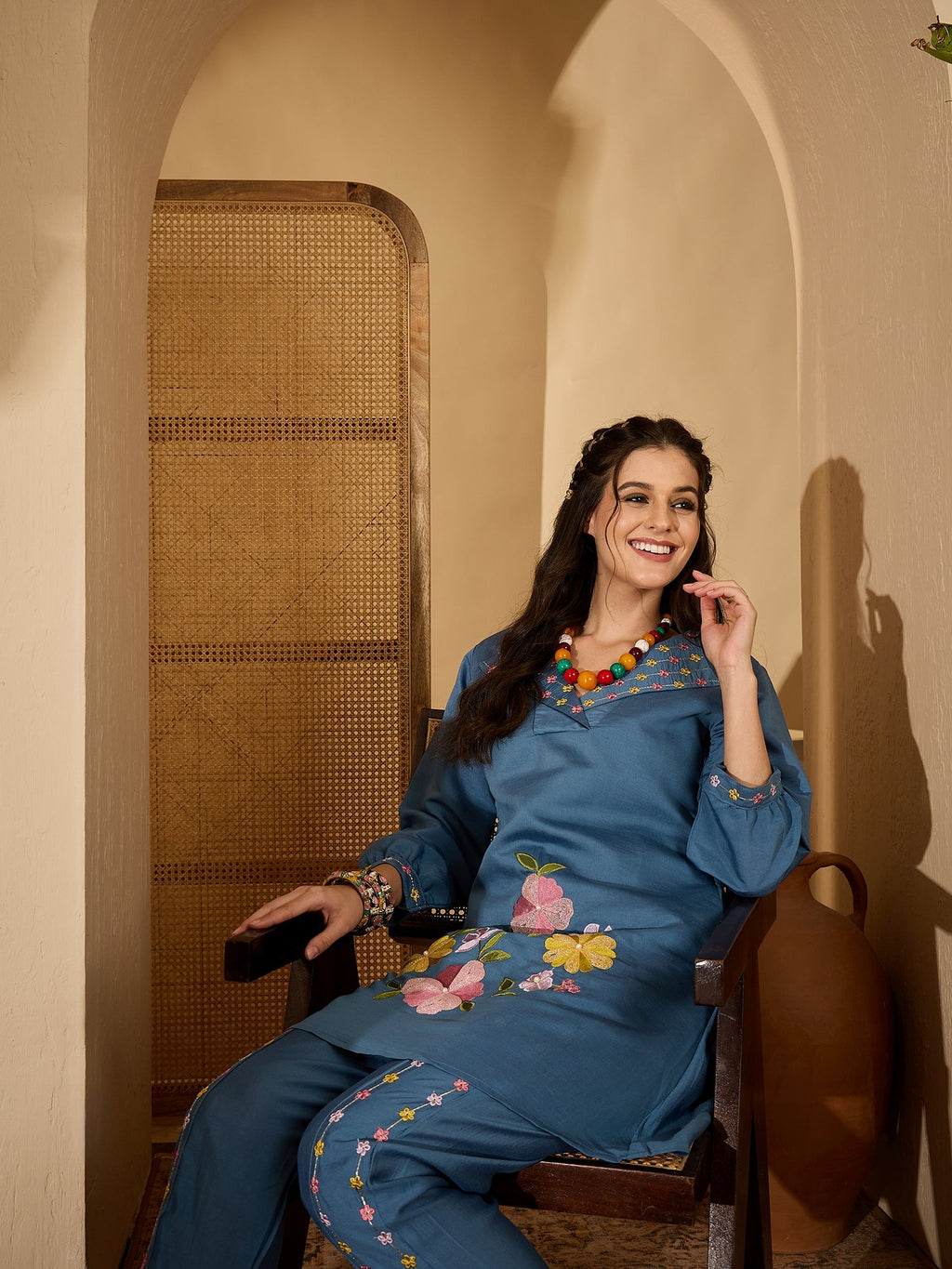 Joban Fashion Blue Silk Embroidered Readymade Kurta Set - Distacart