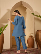 Joban Fashion Blue Silk Embroidered Readymade Kurta Set - Distacart