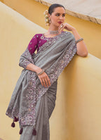Monjolika Fashion Grey Colour Embroidered Organza Silk Party Saree