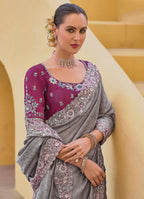 Monjolika Fashion Grey Colour Embroidered Organza Silk Party Saree