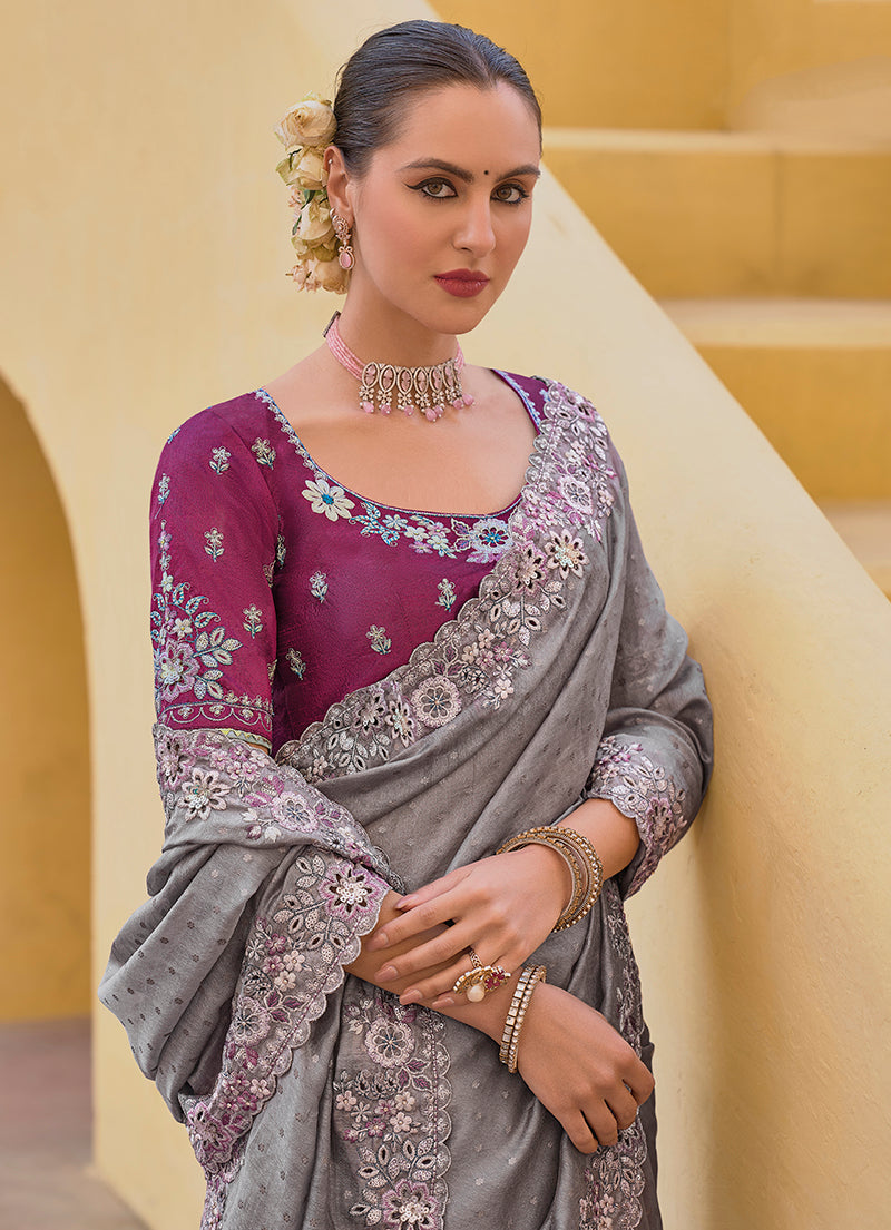 Monjolika Fashion Grey Colour Embroidered Organza Silk Party Saree