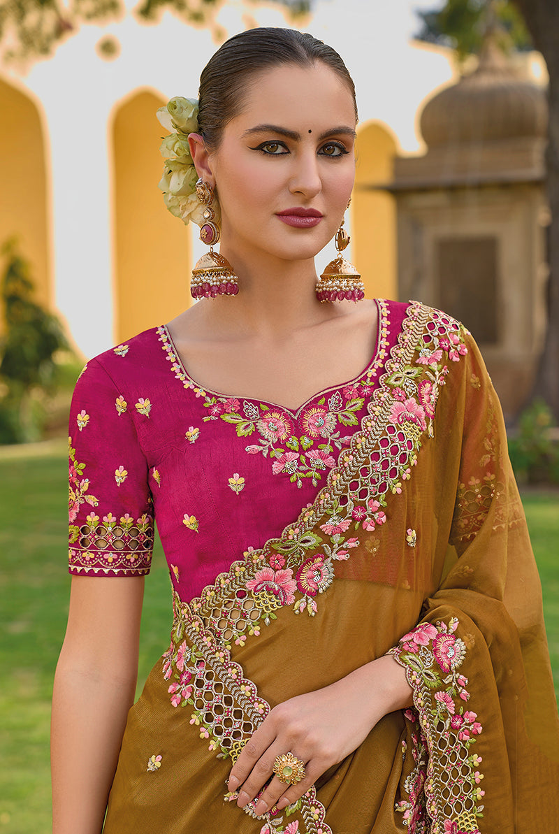 Monjolika Fashion Light Brown Colour Embroidered Organza Silk Party Saree