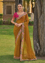 Monjolika Fashion Light Brown Colour Embroidered Organza Silk Party Saree