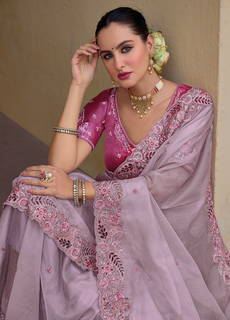 Monjolika Fashion Baby Pink Colour Embroidered Organza Silk Party Saree - Distacart