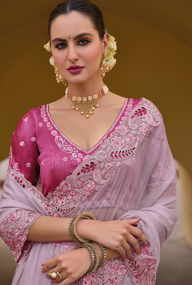 Monjolika Fashion Baby Pink Colour Embroidered Organza Silk Party Saree - Distacart