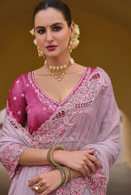 Monjolika Fashion Baby Pink Colour Embroidered Organza Silk Party Saree - Distacart