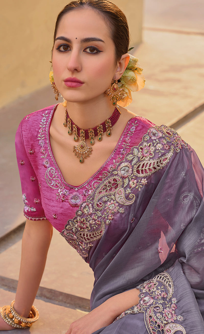 Monjolika Fashion Dark Grey Colour Embroidered Organza Silk Party Saree