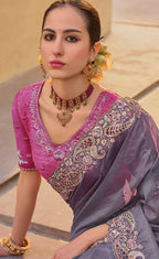 Monjolika Fashion Dark Grey Colour Embroidered Organza Silk Party Saree
