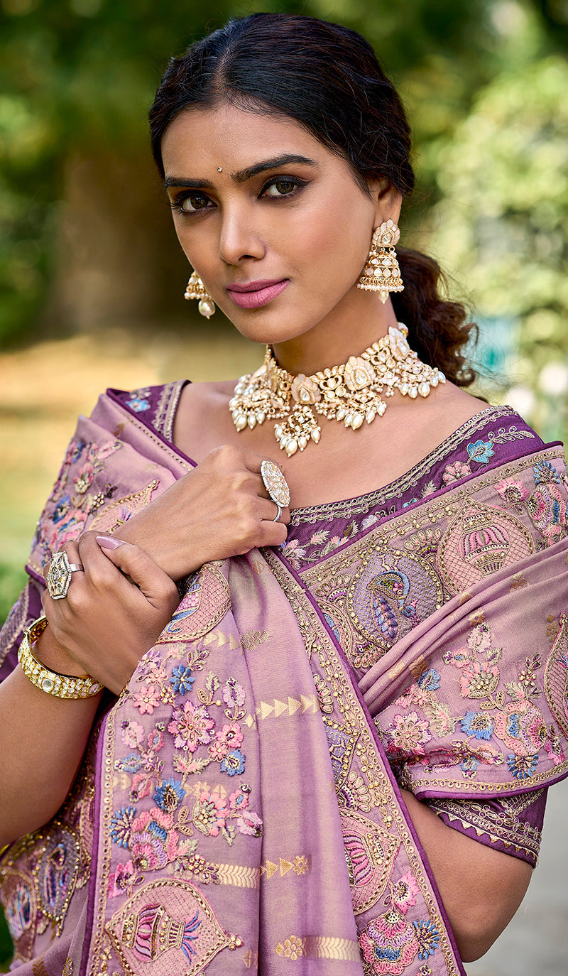Monjolika Fashion Mauve Colour Banarasi Silk Embroidered Woven Saree With Blouse