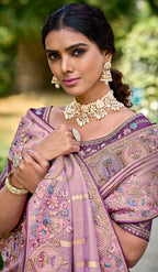Monjolika Fashion Mauve Colour Banarasi Silk Embroidered Woven Saree With Blouse