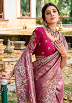 Monjolika Fashion Dark Mauve Colour Banarasi Silk Embroidered Woven Saree With Blouse