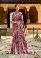 Monjolika Fashion Dark Mauve Colour Banarasi Silk Embroidered Woven Saree With Blouse