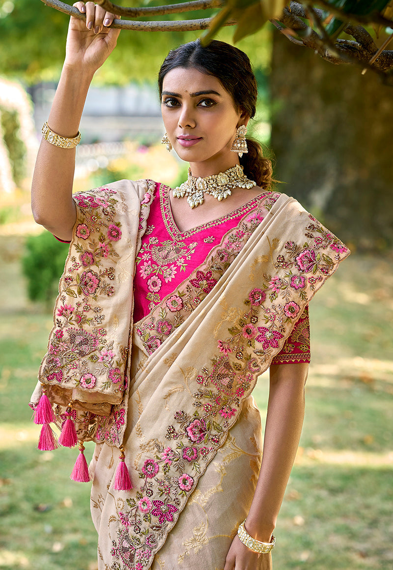 Monjolika Fashion Cream Colour Banarasi Silk Embroidered Woven Saree With Blouse
