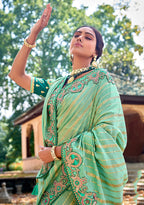 Monjolika Fashion Sea Green Colour Banarasi Silk Embroidered Woven Saree With Blouse