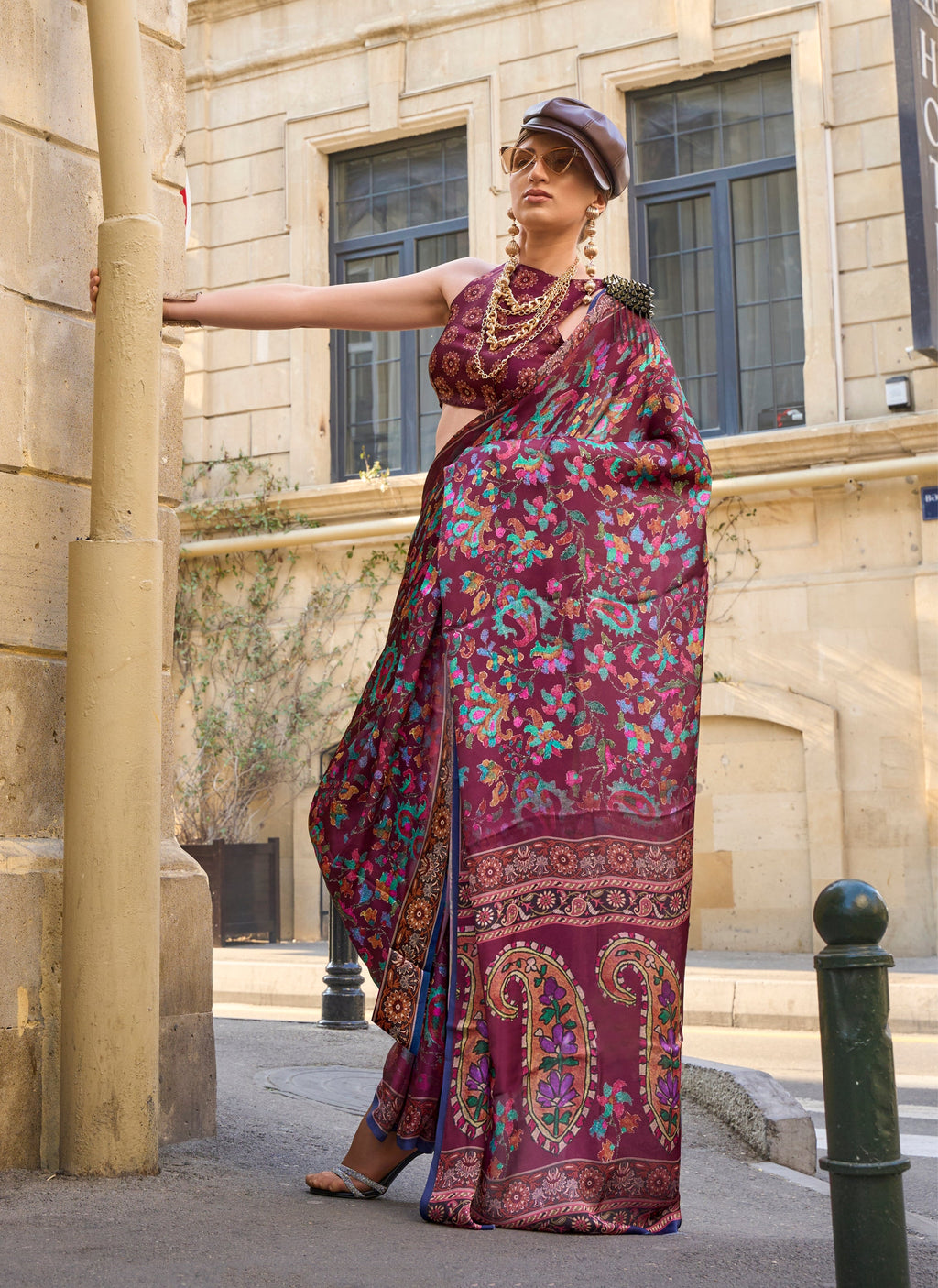 Monjolika Fashion Elegant Wine Colour Satin Georgette Lightweight Saree - Distacart