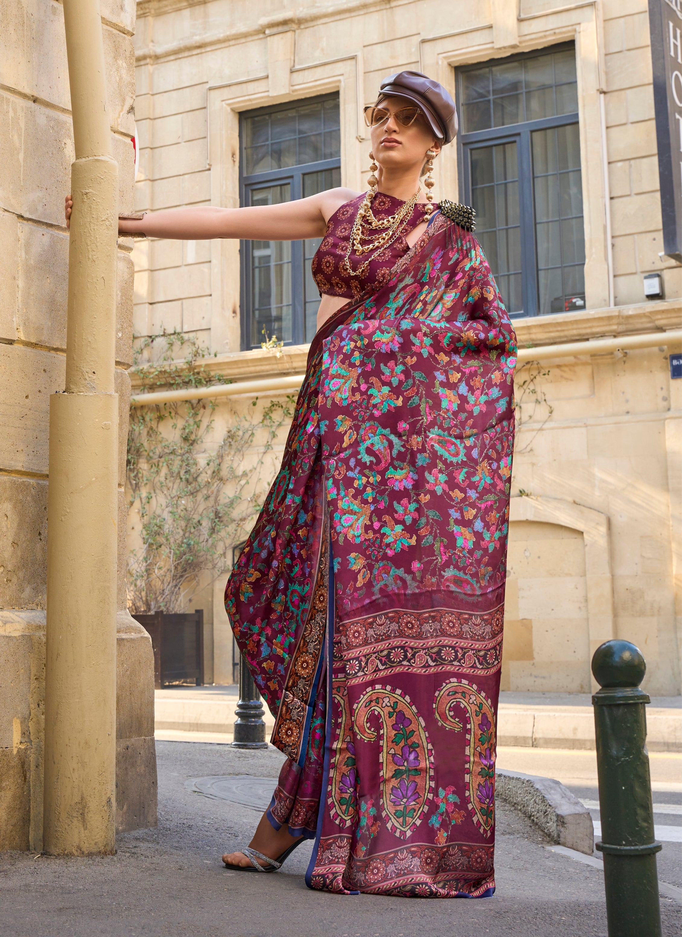 Monjolika Fashion Elegant Wine Colour Satin Georgette Lightweight Saree - Distacart