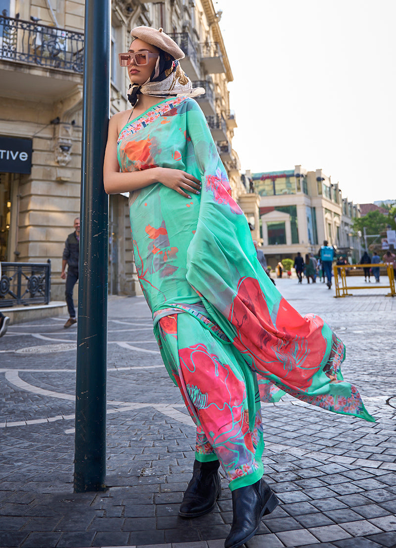 Monjolika Fashion Sophisticated Sea Green Colour Crepe Silk Elegant Saree - Distacart