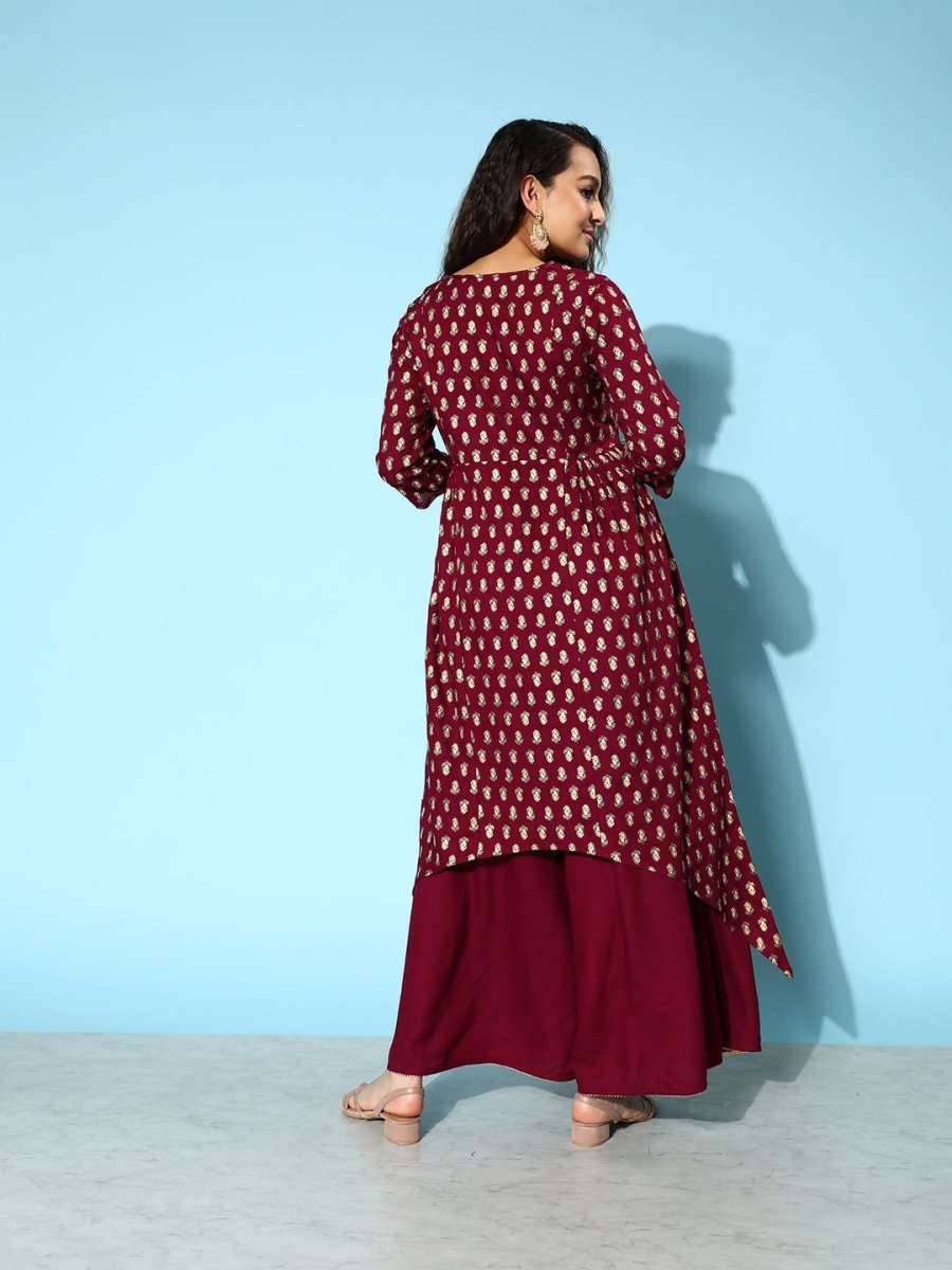 All About You Carmine Maroon Printed A-Line Veere Di Wedding Kurta with Palazzos