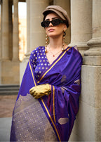 Monjolika Fashion Violet Blue Colour Satin Handloom Silk Festival Saree