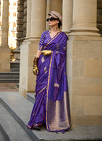 Monjolika Fashion Violet Blue Colour Satin Handloom Silk Festival Saree