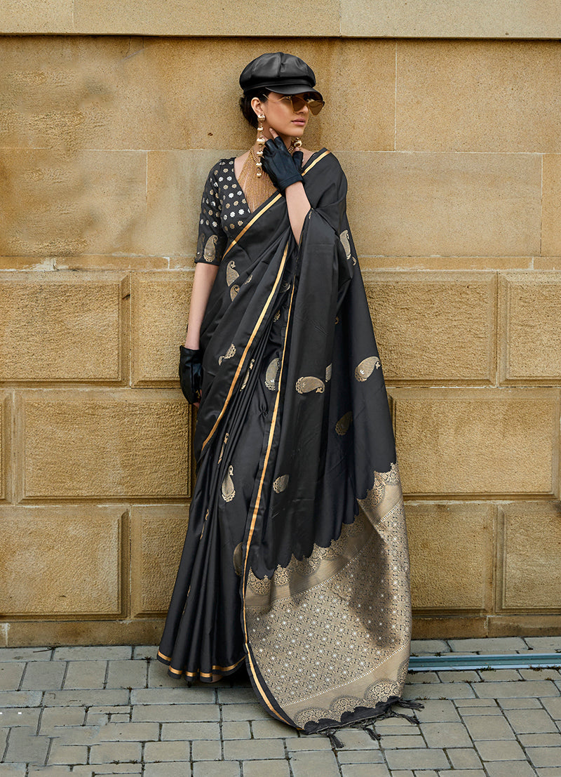 Monjolika Fashion Black Colour Satin Handloom Silk Festival Saree