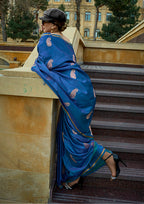 Monjolika Fashion Dark Blue Colour Satin Handloom Silk Festival Saree