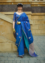 Monjolika Fashion Dark Blue Colour Satin Handloom Silk Festival Saree