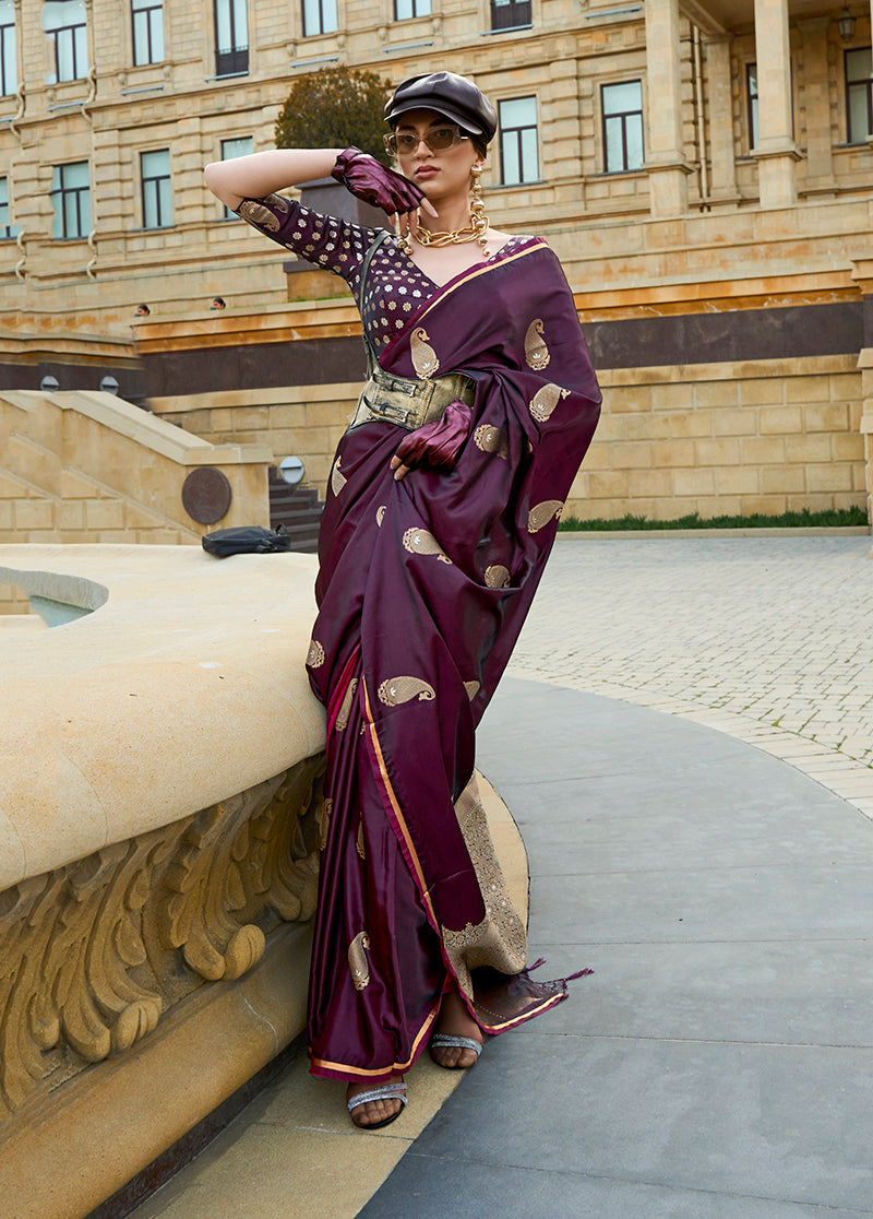 Monjolika Fashion Dark Wine Colour Satin Handloom Silk Festival Saree