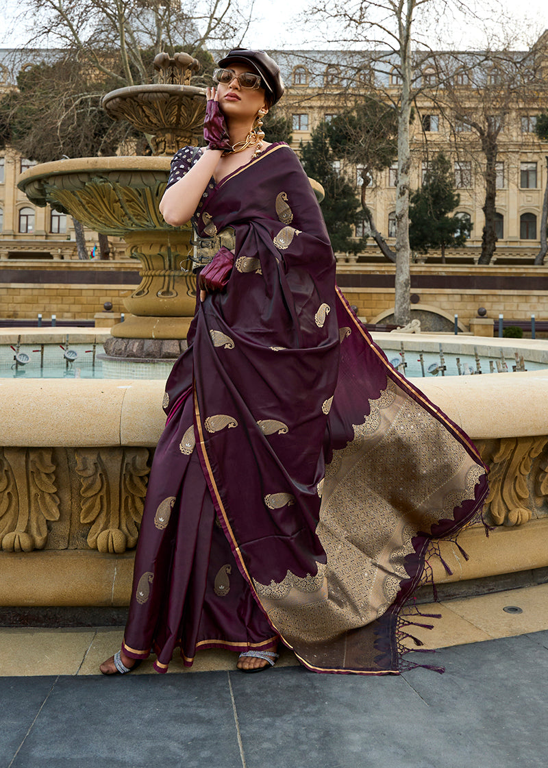 Monjolika Fashion Dark Wine Colour Satin Handloom Silk Festival Saree