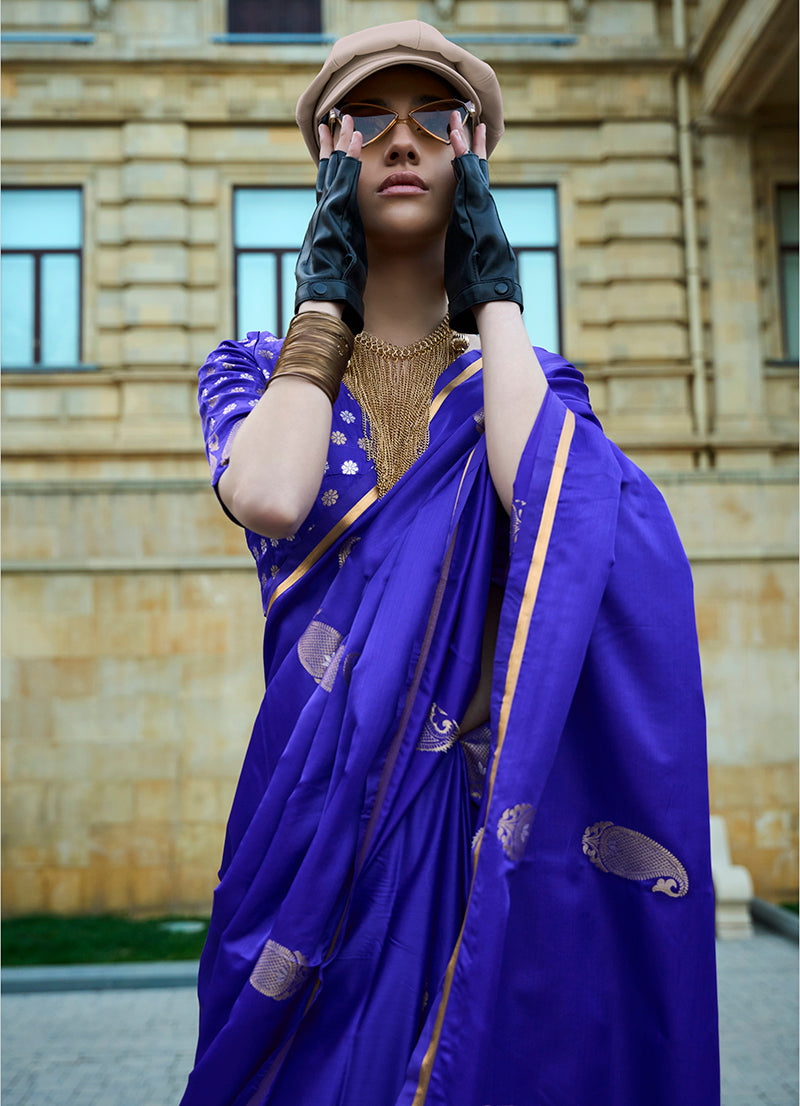 Monjolika Fashion Royal Blue Colour Satin Handloom Silk Festival Saree
