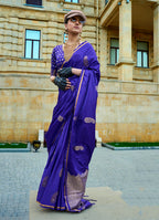 Monjolika Fashion Royal Blue Colour Satin Handloom Silk Festival Saree