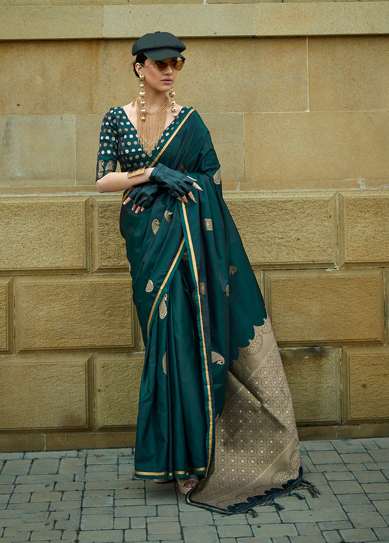 Monjolika Fashion Dark Green Colour Satin Handloom Silk Festival Saree