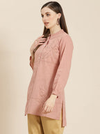 Juniper Women's Peach Embroidered Cotton Slub High-Low Tunic