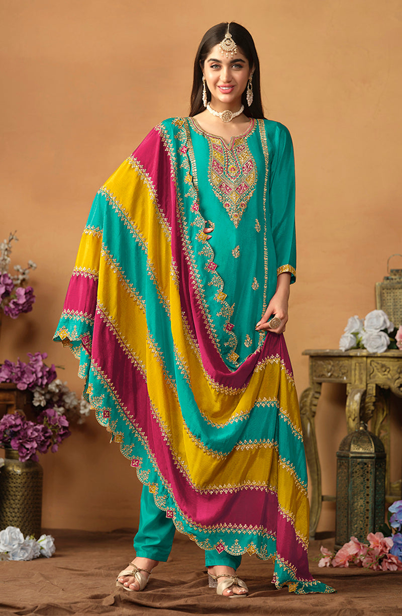 Monjolika Fashion Faux Georgette Embroidered Trendy Salwar Suit In Turquoise - Distacart