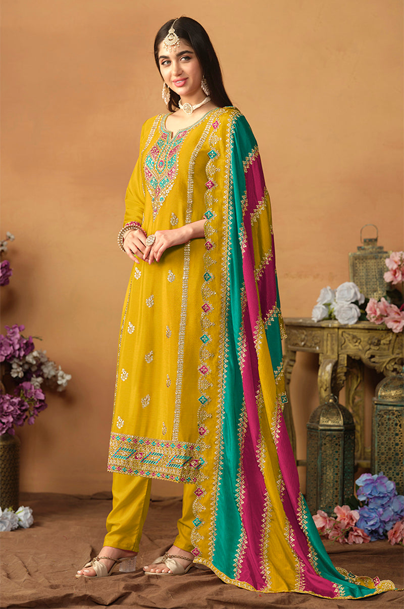 Monjolika Fashion Faux Georgette Embroidered Trendy Salwar Suit In Mustard - Distacart