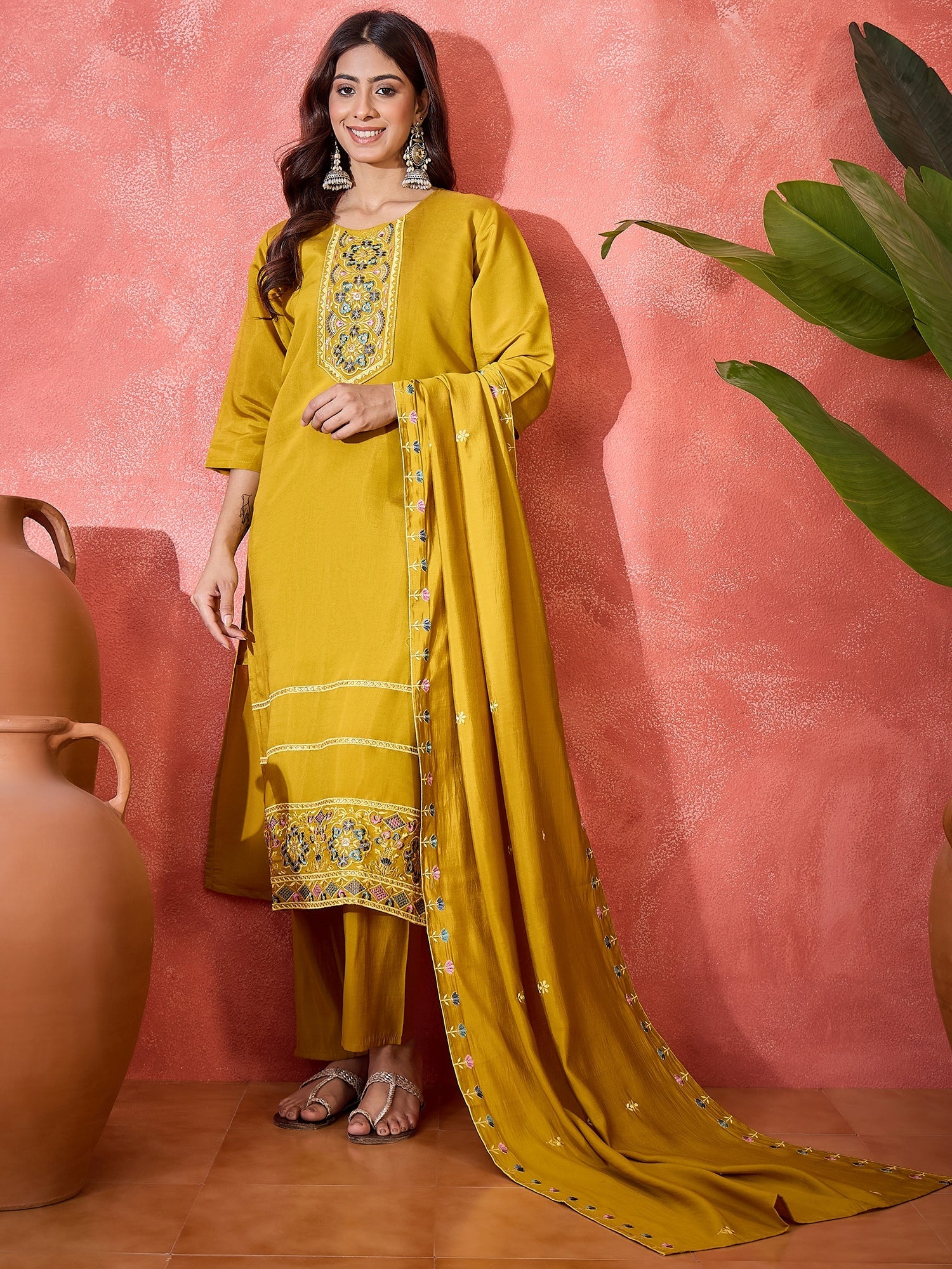 Joban Fashion Mustard Silk Embroidery Readymade Kurta Set - Distacart