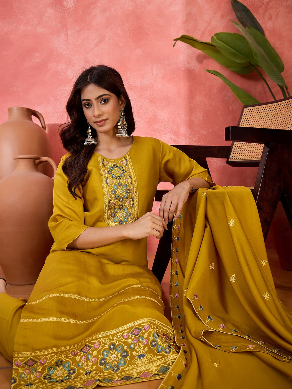 Joban Fashion Mustard Silk Embroidery Readymade Kurta Set - Distacart