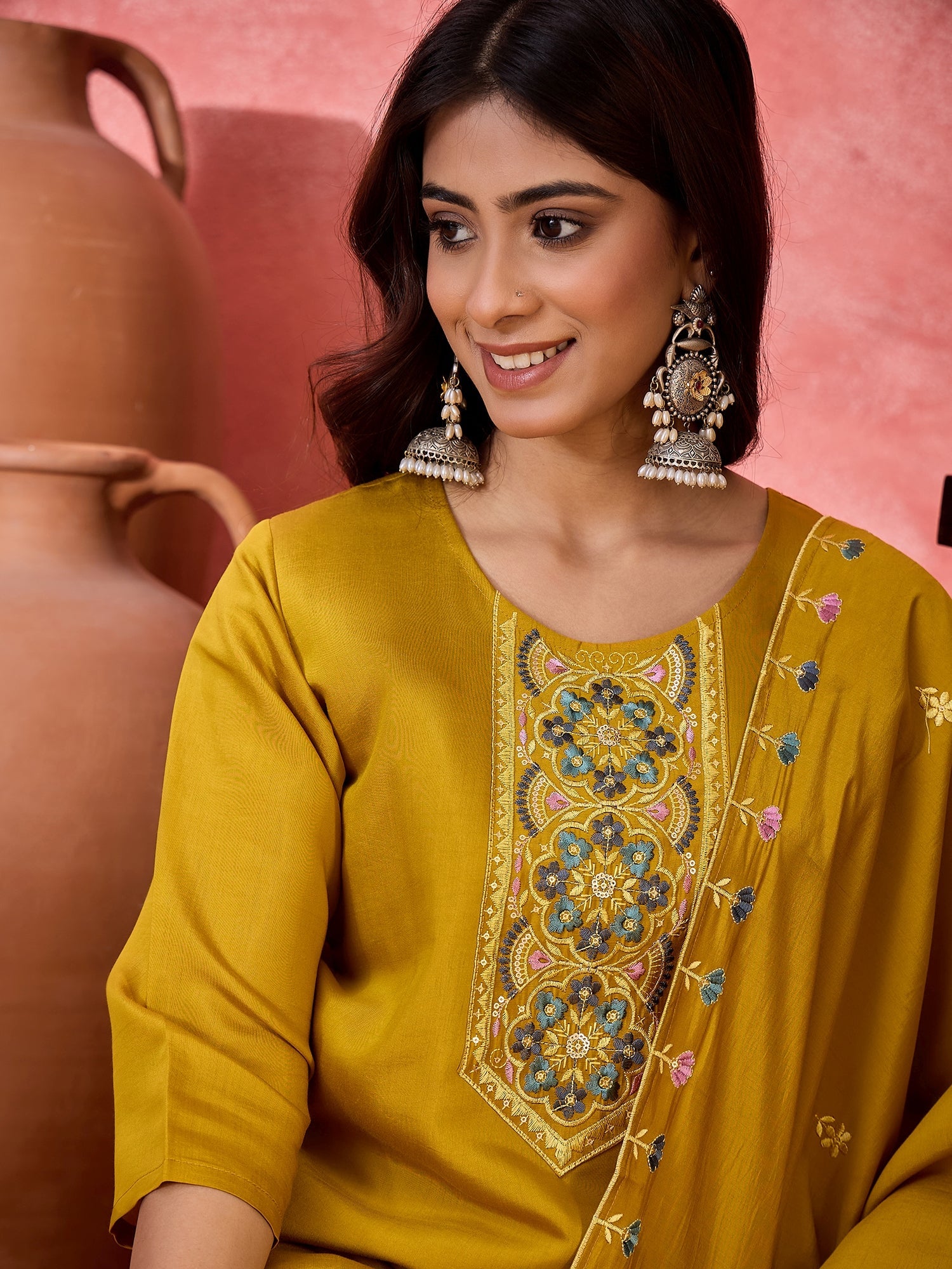Joban Fashion Mustard Silk Embroidery Readymade Kurta Set - Distacart