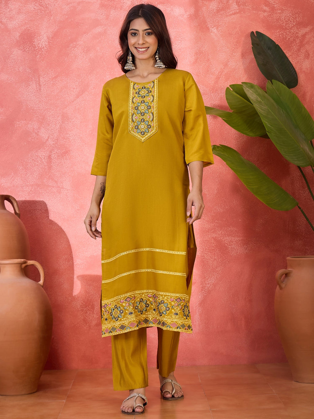 Joban Fashion Mustard Silk Embroidery Readymade Kurta Set - Distacart