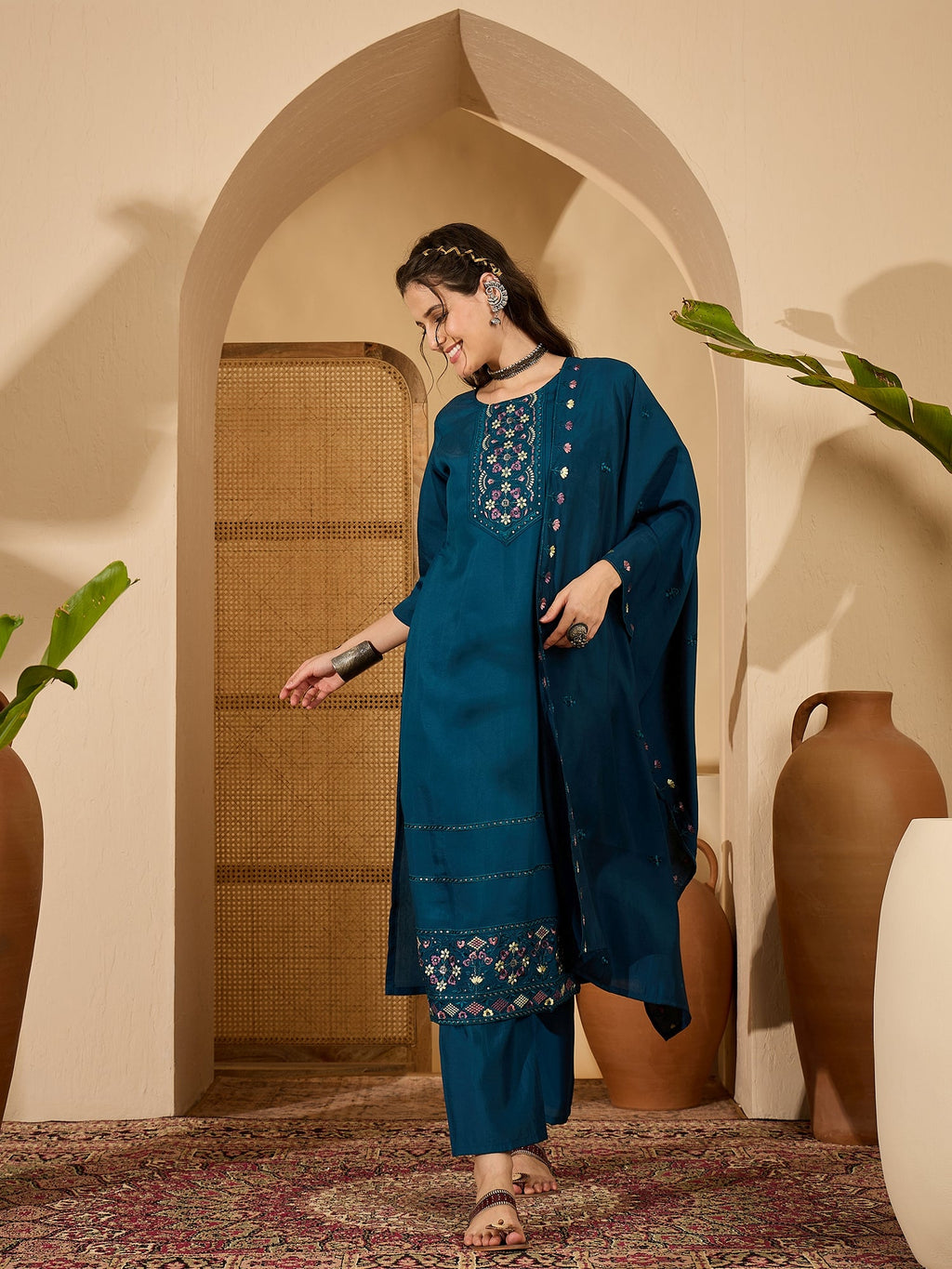 Joban Fashion Teal Silk Embroidery Readymade Kurta Set - Distacart