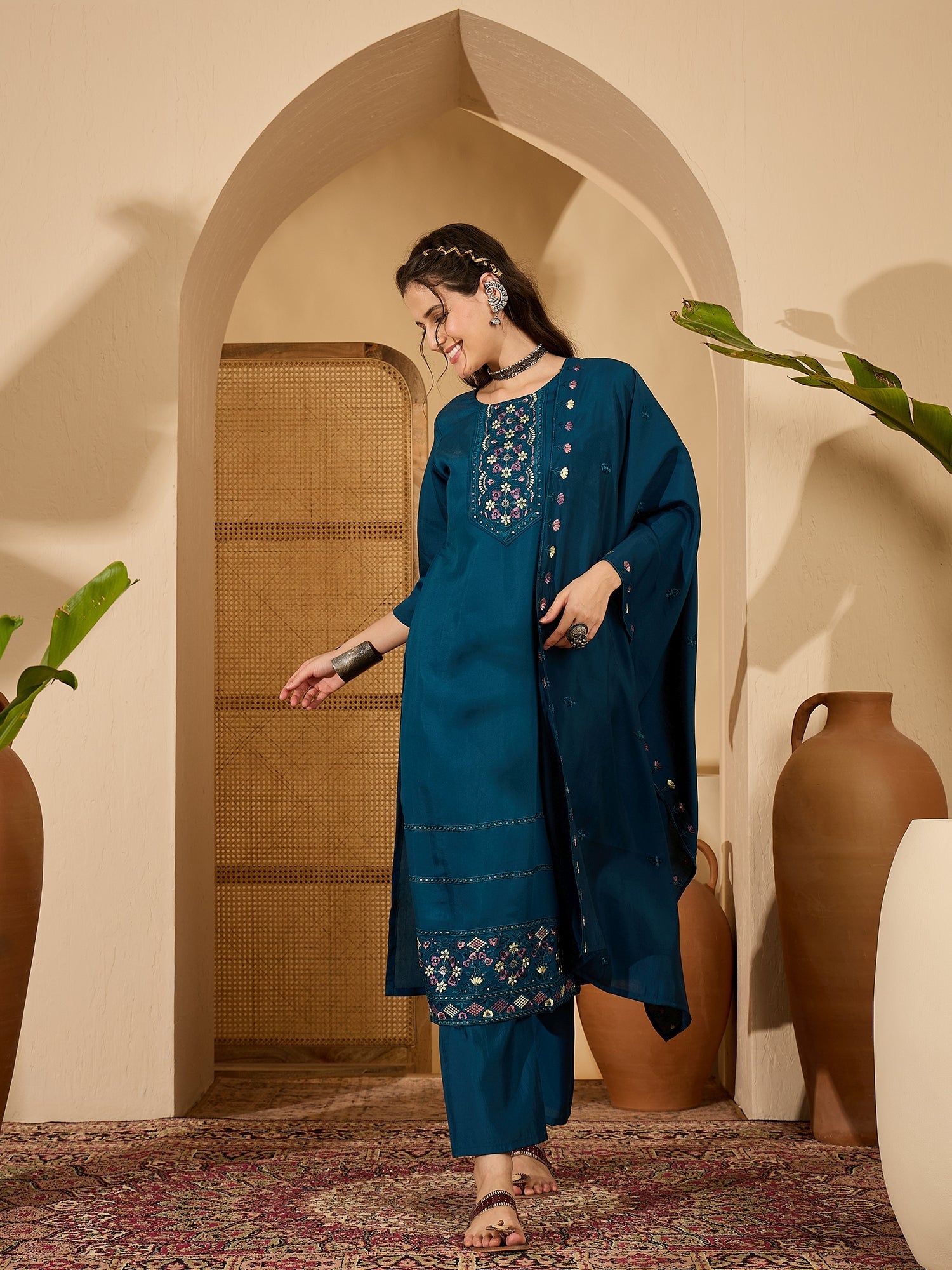 Joban Fashion Teal Silk Embroidery Readymade Kurta Set - Distacart
