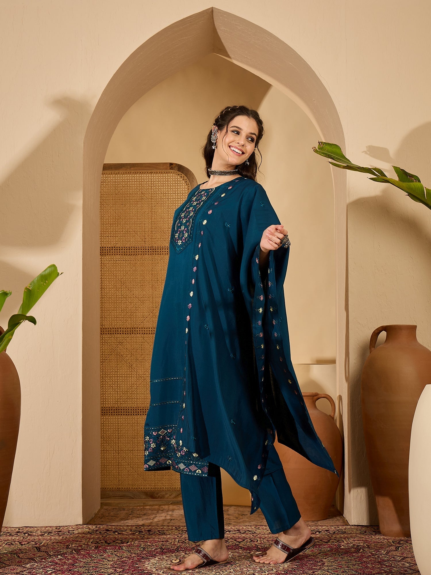 Joban Fashion Teal Silk Embroidery Readymade Kurta Set - Distacart