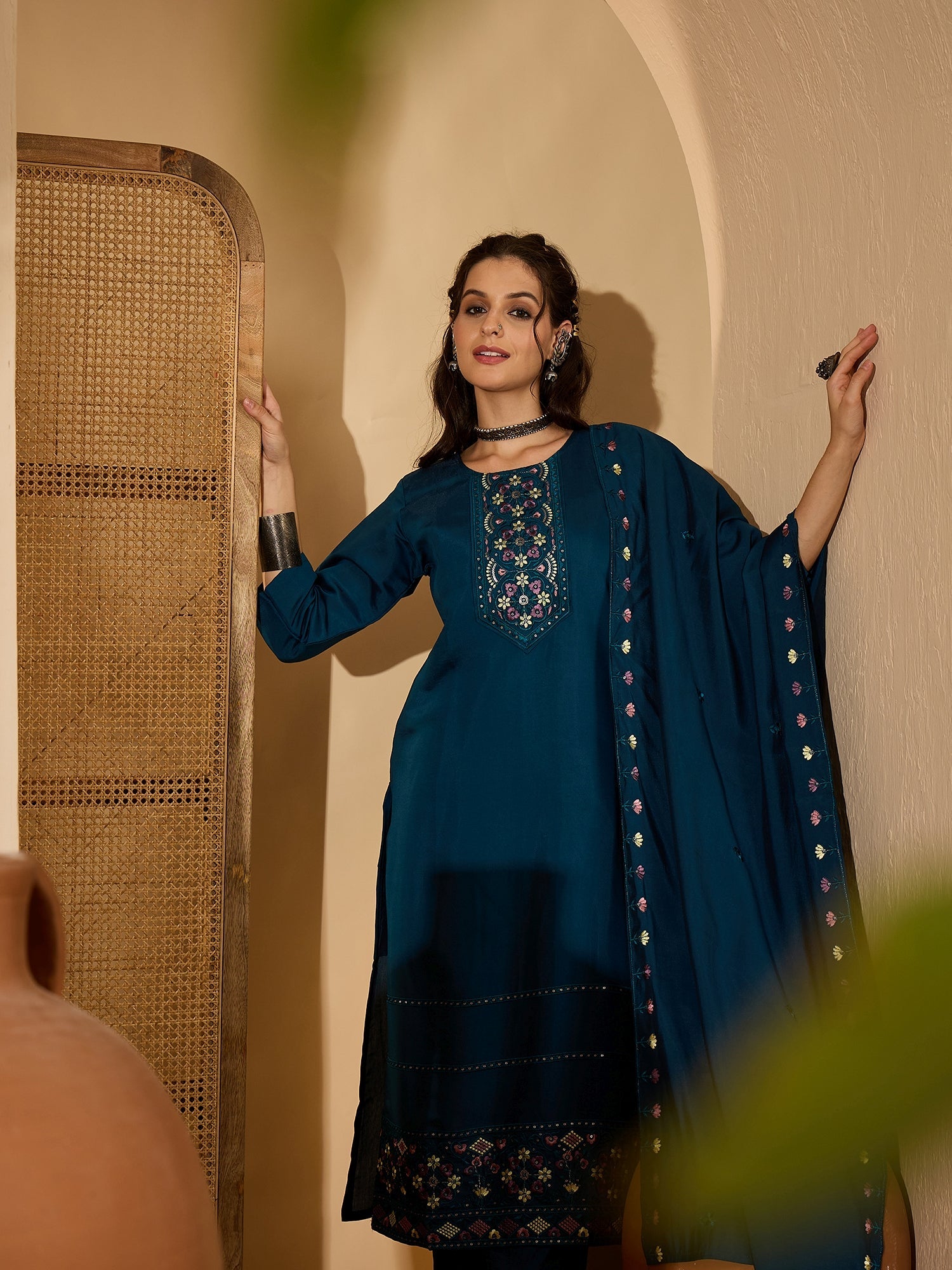 Joban Fashion Teal Silk Embroidery Readymade Kurta Set - Distacart
