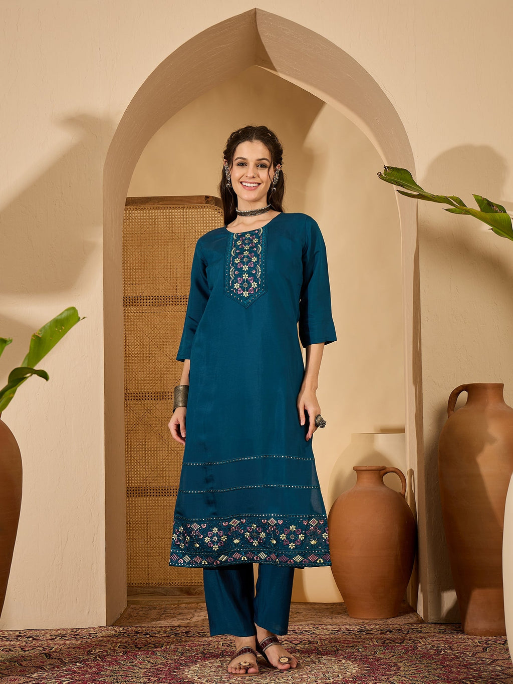 Joban Fashion Teal Silk Embroidery Readymade Kurta Set - Distacart