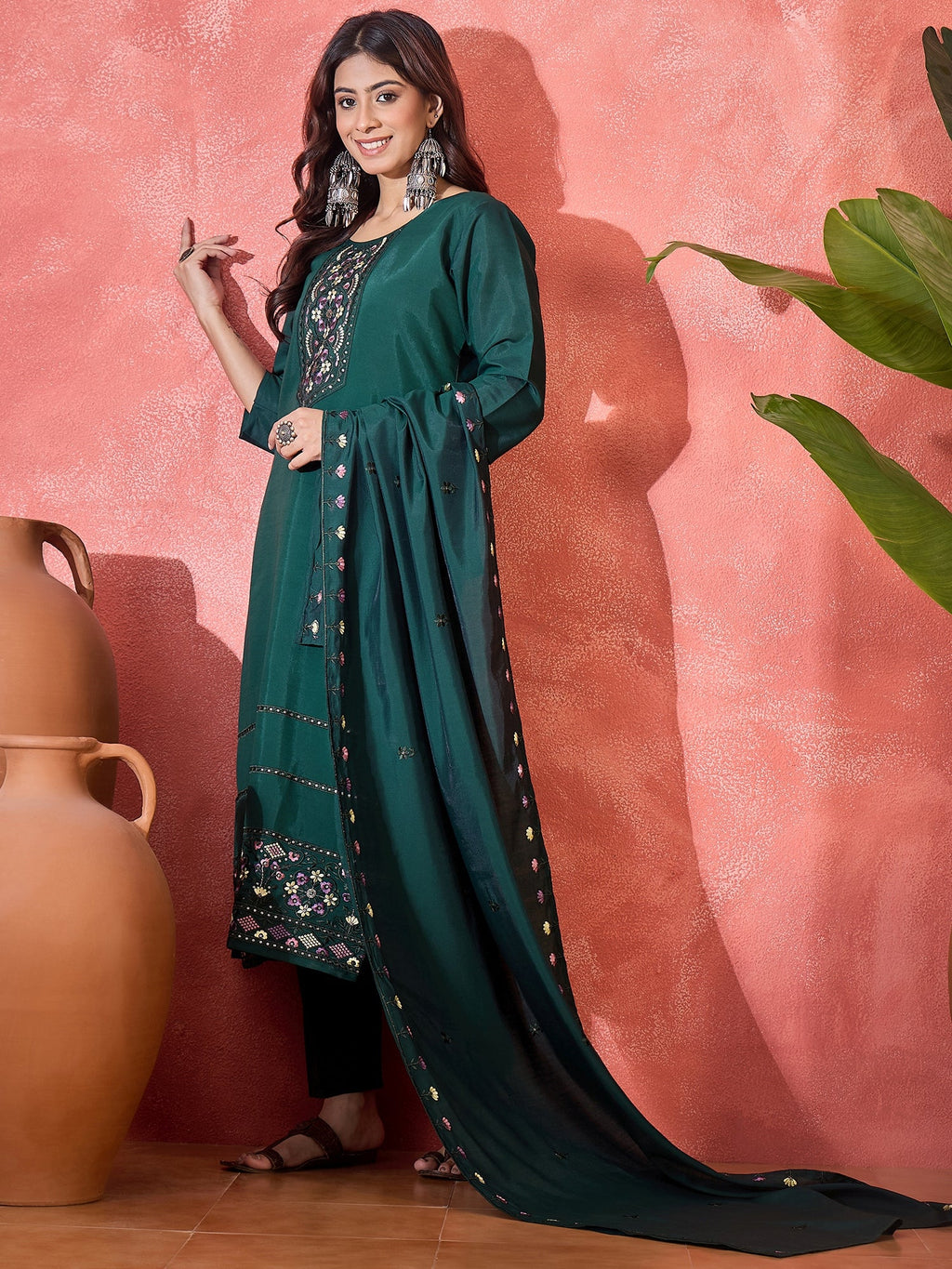 Joban Fashion Green Silk Embroidery Readymade Kurta Set - Distacart