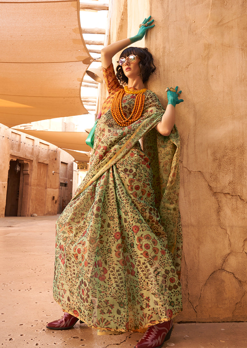 Monjolika Fashion Stunning Light Green Colour Printed Tissue Designer Saree - Distacart