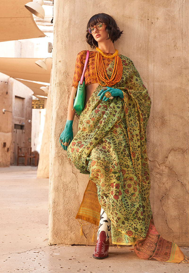 Monjolika Fashion Stunning Light Green Colour Printed Tissue Designer Saree - Distacart