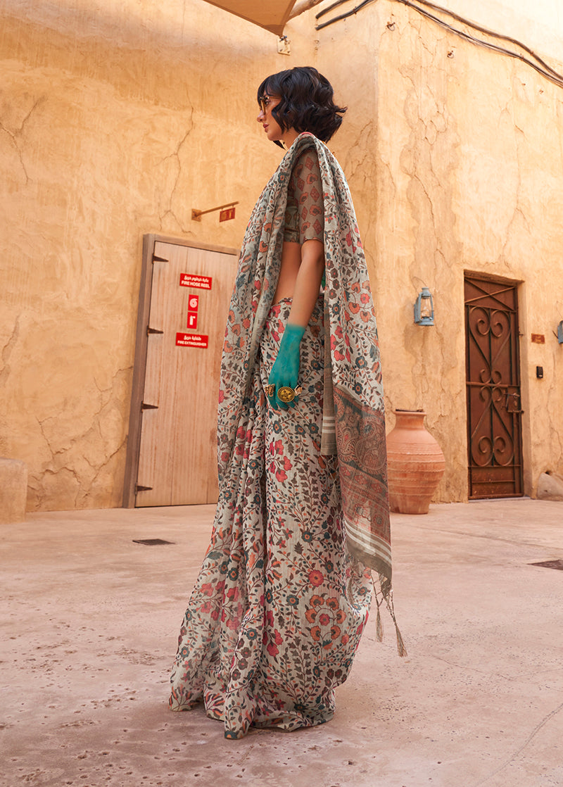 Monjolika Fashion Stunning Light Grey Colour Printed Tissue Designer Saree