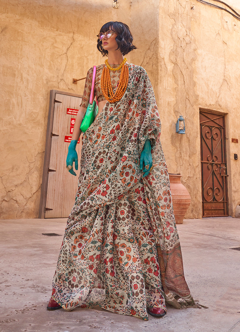 Monjolika Fashion Stunning Light Grey Colour Printed Tissue Designer Saree